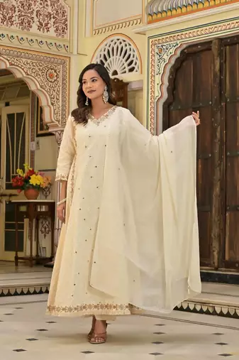Ivory & Gold Hand-Embroidered Festive cotton Anarkali with Zari Border