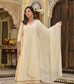 Ivory & Gold Hand-Embroidered Festive cotton Anarkali with Zari Border