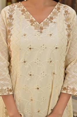 Ivory & Gold Hand-Embroidered Festive cotton Anarkali with Zari Border 2