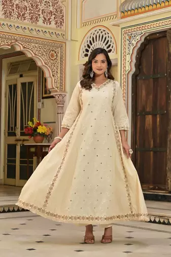 Ivory & Gold Hand-Embroidered Festive cotton Anarkali with Zari Border