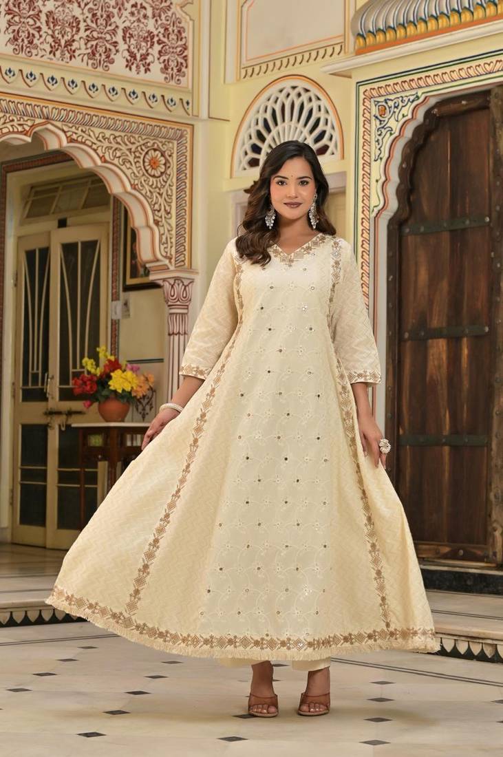 Ivory & Gold Hand-Embroidered Festive cotton Anarkali with Zari Border