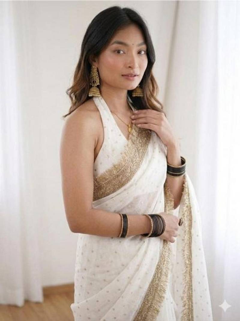White Organza Jacquard embellished saree with blouse