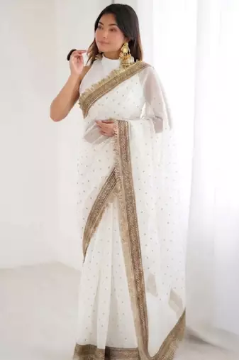 White Organza Jacquard embellished saree with blouse