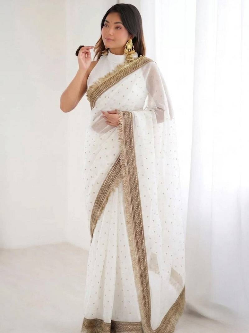 White Organza Jacquard embellished saree with blouse
