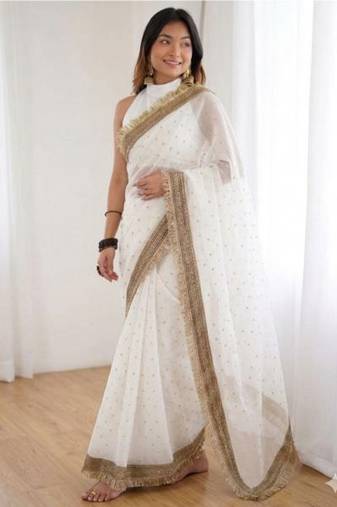White Organza Jacquard embellished saree with blouse