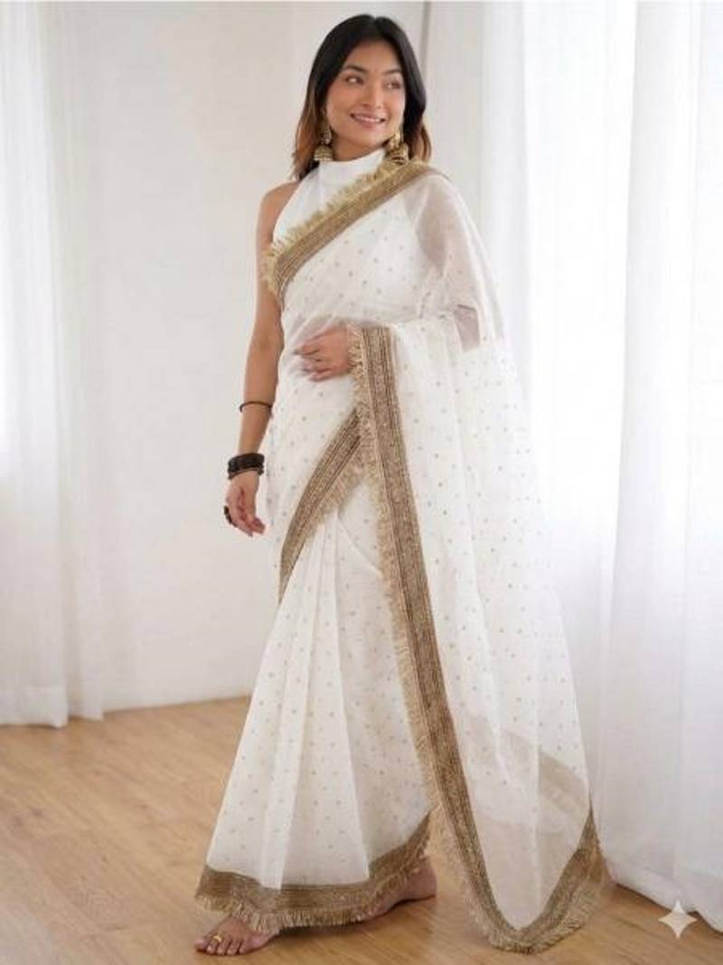 White Organza Jacquard embellished saree with blouse