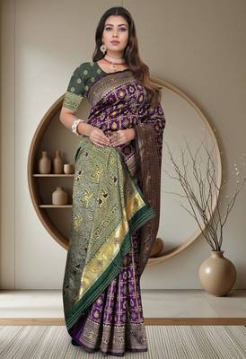 Purple Banarasi Cotton Silk Saree with Green Woven Pallu and Traditional Zari Design 1
