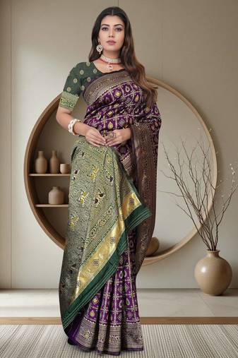 Purple Banarasi Cotton Silk Saree with Green Woven Pallu and Traditional Zari Design