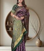 Purple Banarasi Cotton Silk Saree with Green Woven Pallu and Traditional Zari Design