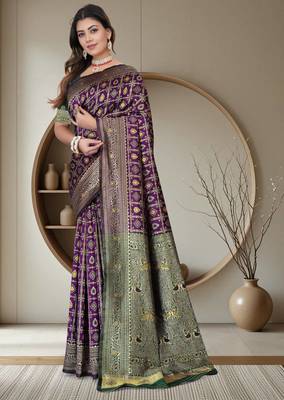 Purple Banarasi Cotton Silk Saree with Green Woven Pallu and Traditional Zari Design 2