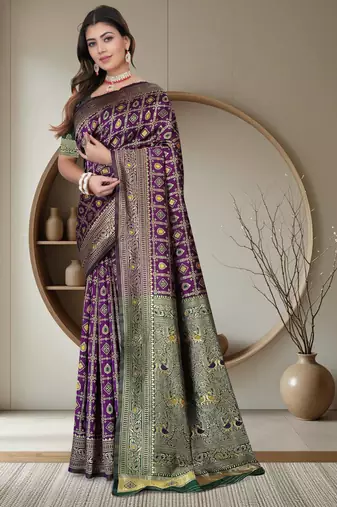 Purple Banarasi Cotton Silk Saree with Green Woven Pallu and Traditional Zari Design