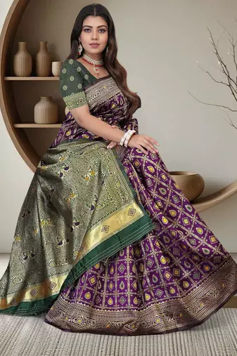 Purple Banarasi Cotton Silk Saree with Green Woven Pallu and Traditional Zari Design