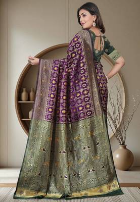 Purple Banarasi Cotton Silk Saree with Green Woven Pallu and Traditional Zari Design 4