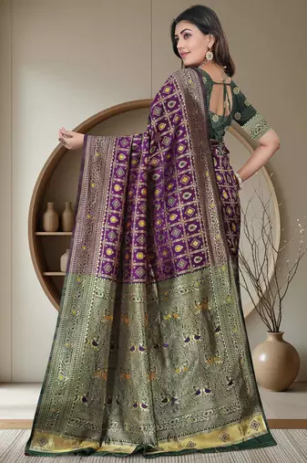 Purple Banarasi Cotton Silk Saree with Green Woven Pallu and Traditional Zari Design
