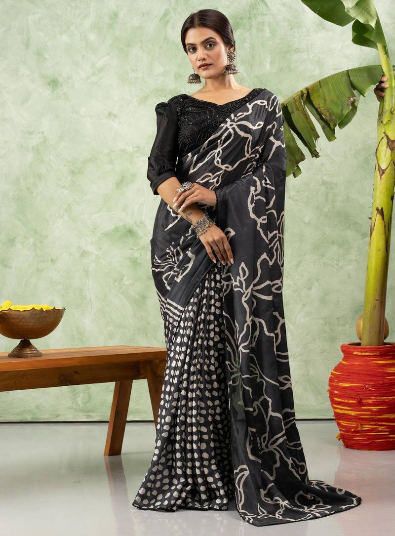 Black chiffon checked printed saree