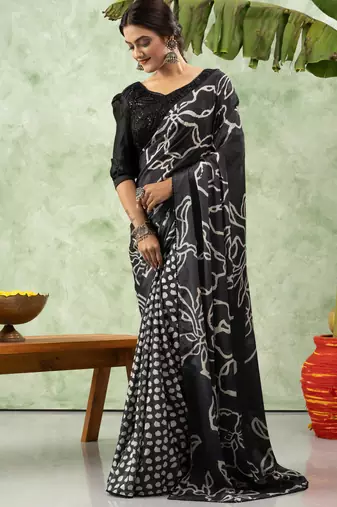 Black chiffon checked printed saree