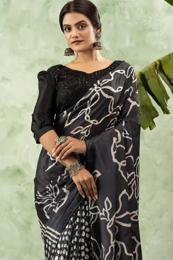 Black chiffon checked printed saree