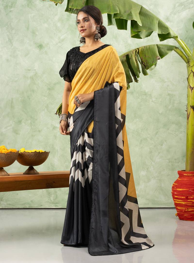 Black chiffon checked printed saree
