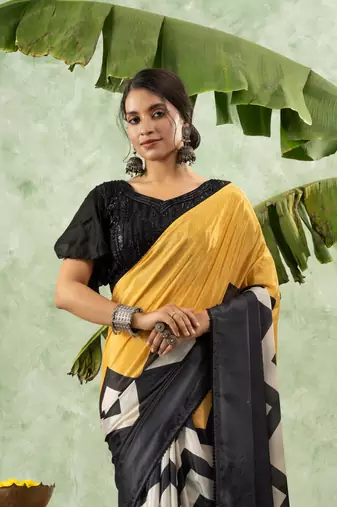 Black chiffon checked printed saree