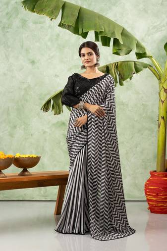 Black chiffon checked printed saree