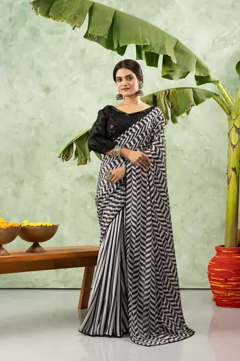 Black chiffon checked printed saree
