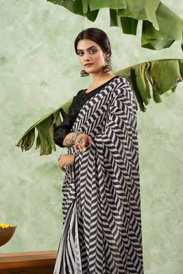 Black chiffon checked printed saree 2