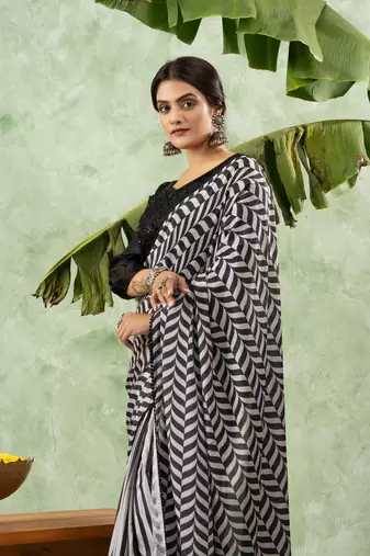 Black chiffon checked printed saree