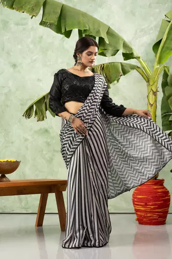 Black chiffon checked printed saree