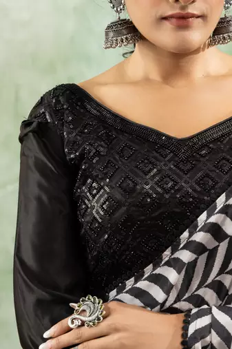 Black chiffon checked printed saree