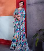 Blue cotton crepe geometrical printed saree