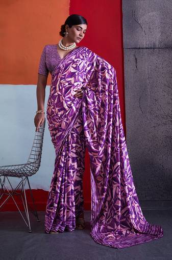Purple cotton crepe geometrical printed saree