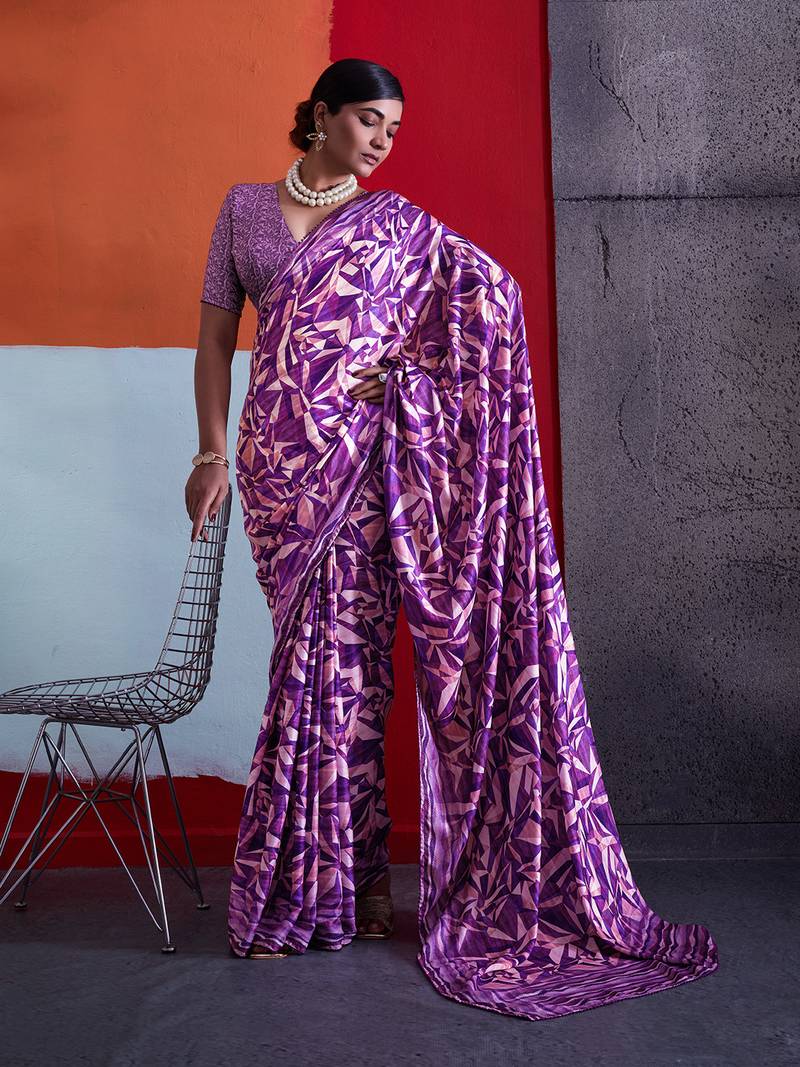 Purple cotton crepe geometrical printed saree