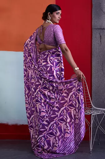 Purple cotton crepe geometrical printed saree