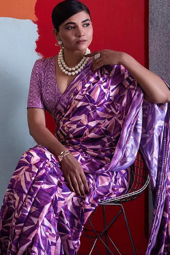 Purple cotton crepe geometrical printed saree