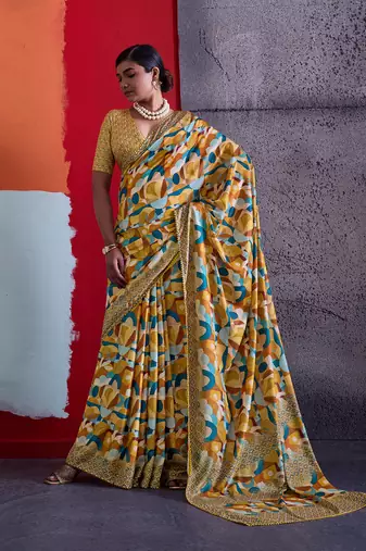 Mustard cotton crepe geometrical printed saree