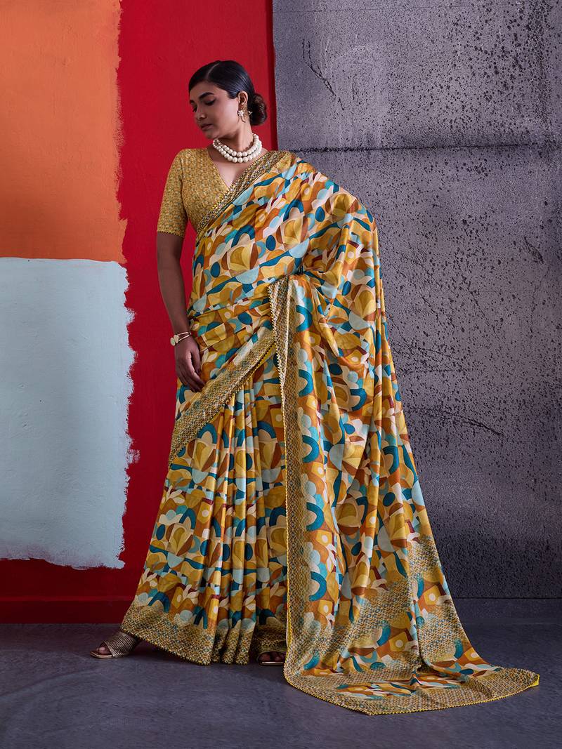 Mustard cotton crepe geometrical printed saree