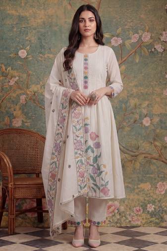 white cotton embroidered have a linin kurta pant dupatta set