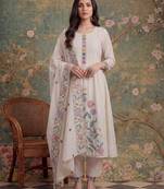 white cotton embroidered have a linin kurta pant dupatta set