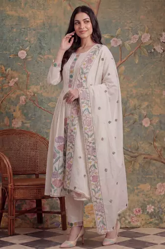 white cotton embroidered have a linin kurta pant dupatta set