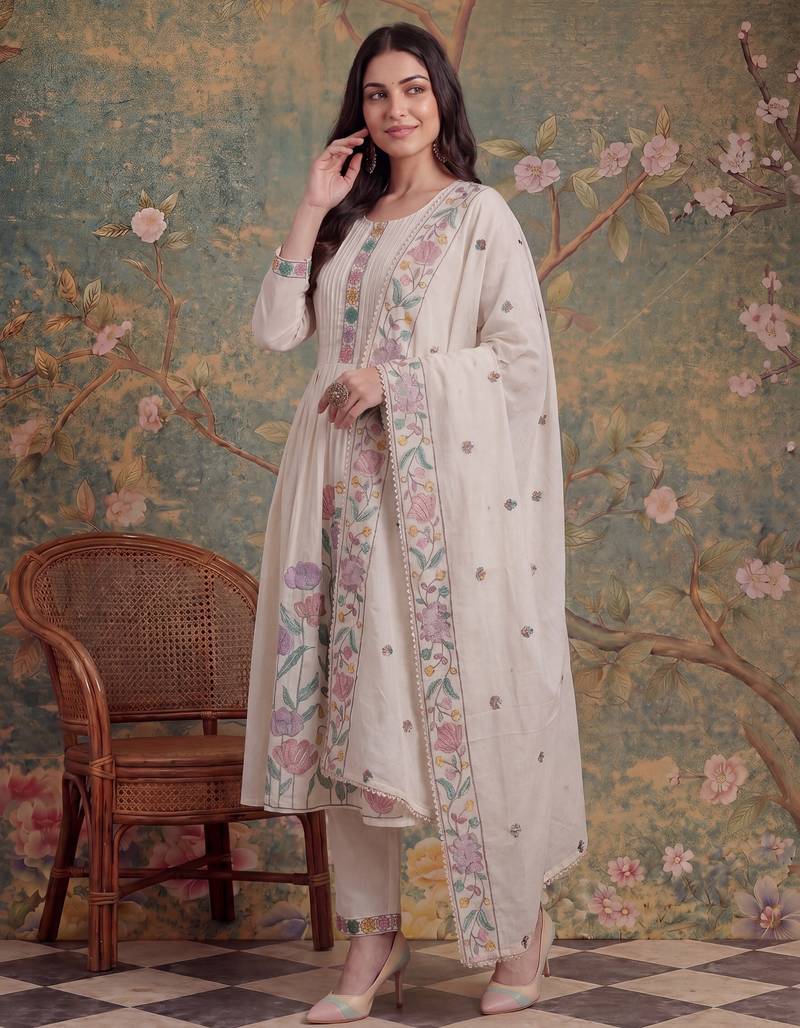 white cotton embroidered have a linin kurta pant dupatta set
