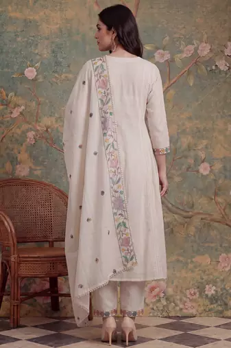 white cotton embroidered have a linin kurta pant dupatta set