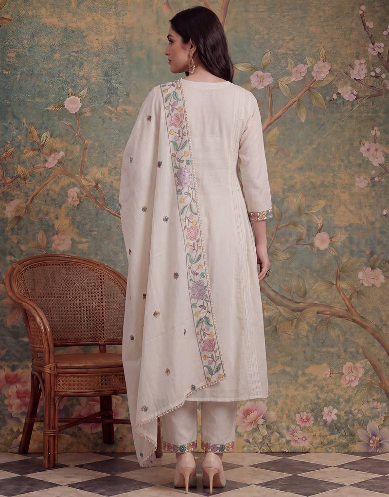 white cotton embroidered have a linin kurta pant dupatta set