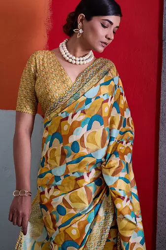 Mustard cotton crepe geometrical printed saree