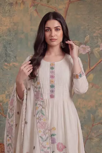 white cotton embroidered have a linin kurta pant dupatta set