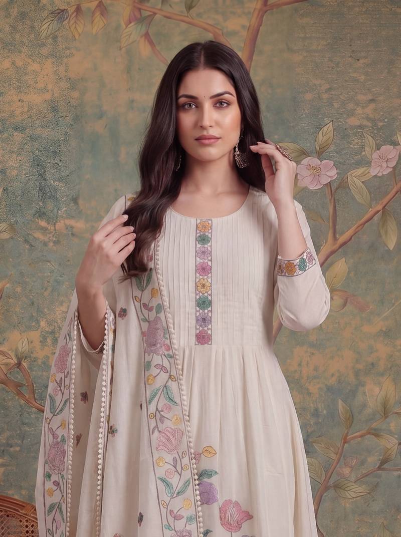 white cotton embroidered have a linin kurta pant dupatta set