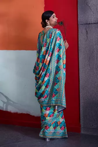 Multi-colour cotton crepe geometrical printed saree