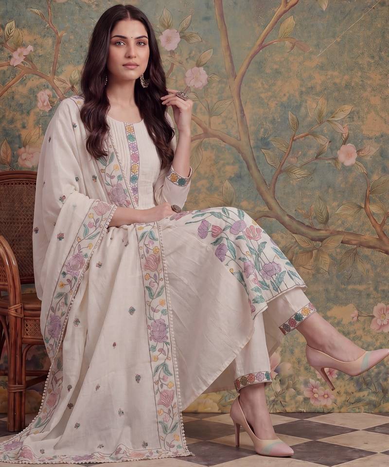 white cotton embroidered have a linin kurta pant dupatta set