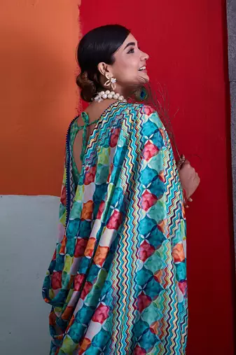 Multi-colour cotton crepe geometrical printed saree