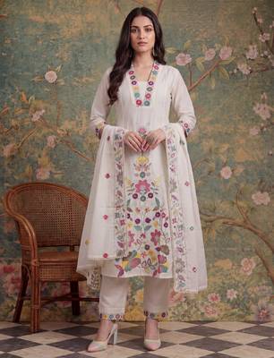 white cotton thared work sequins work have a linin kurta pant dupatta set 1