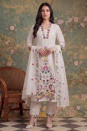 white cotton thared work sequins work have a linin kurta pant dupatta set